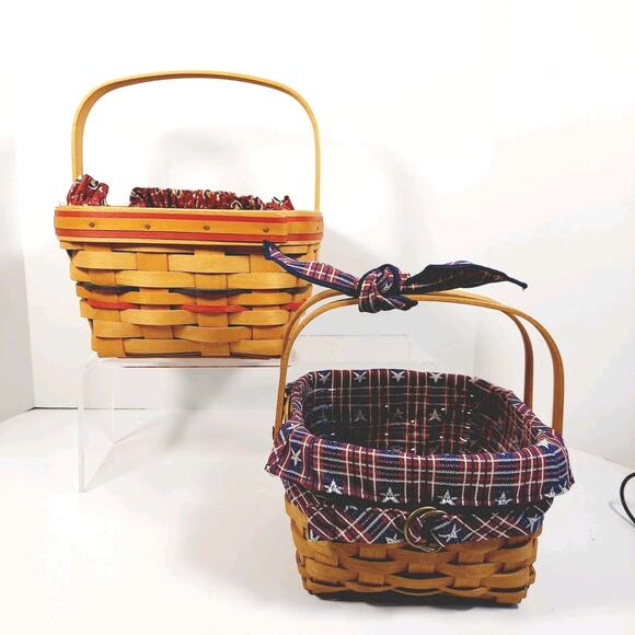 Lot Of 2 Square Longaberger Baskets w/ Handles Liners Tie On Bee Fire Memories - Picture 13 of 16